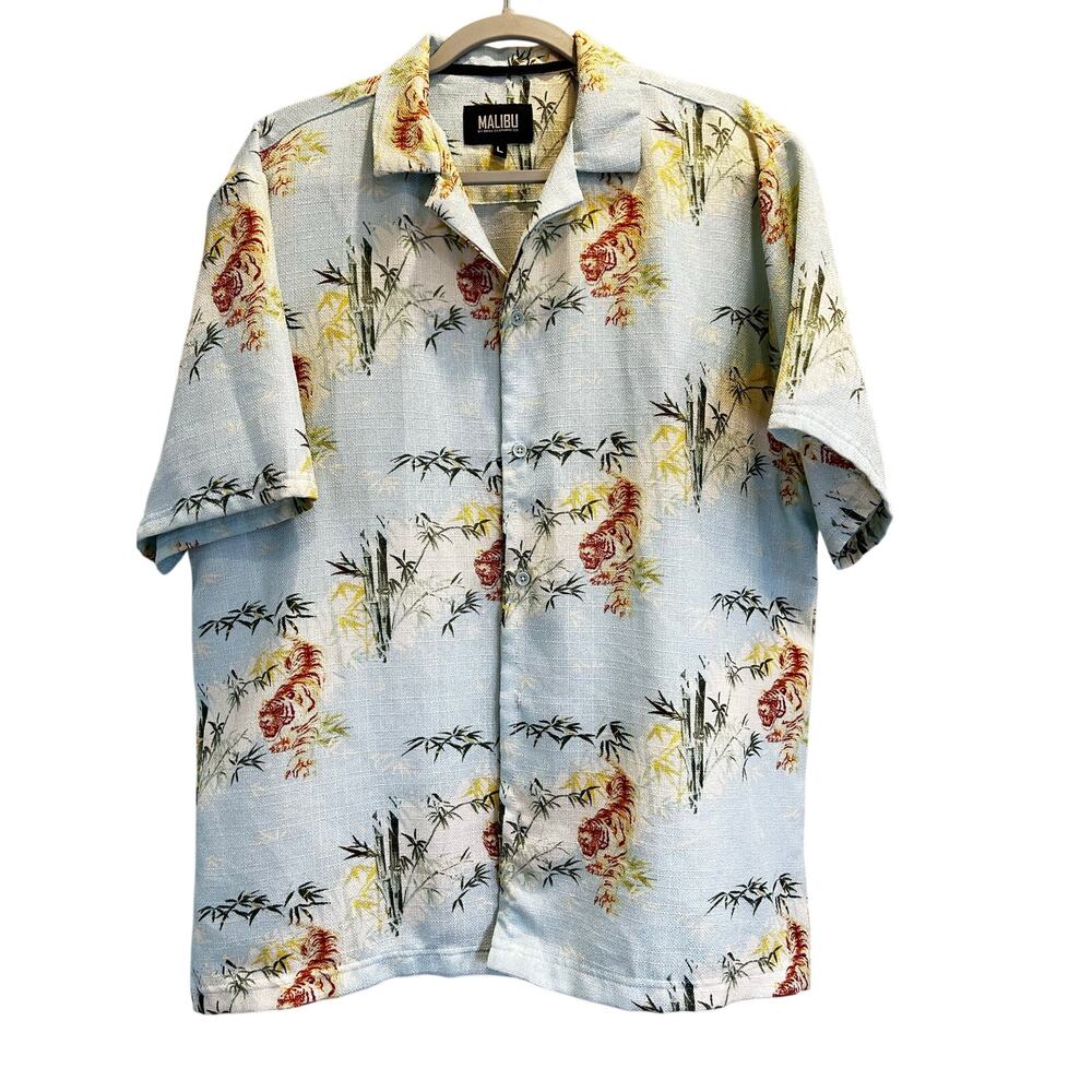 Malibu Tiger Print Button Up Shirt Mens L Tropical Bamboo Hawaiian Retro